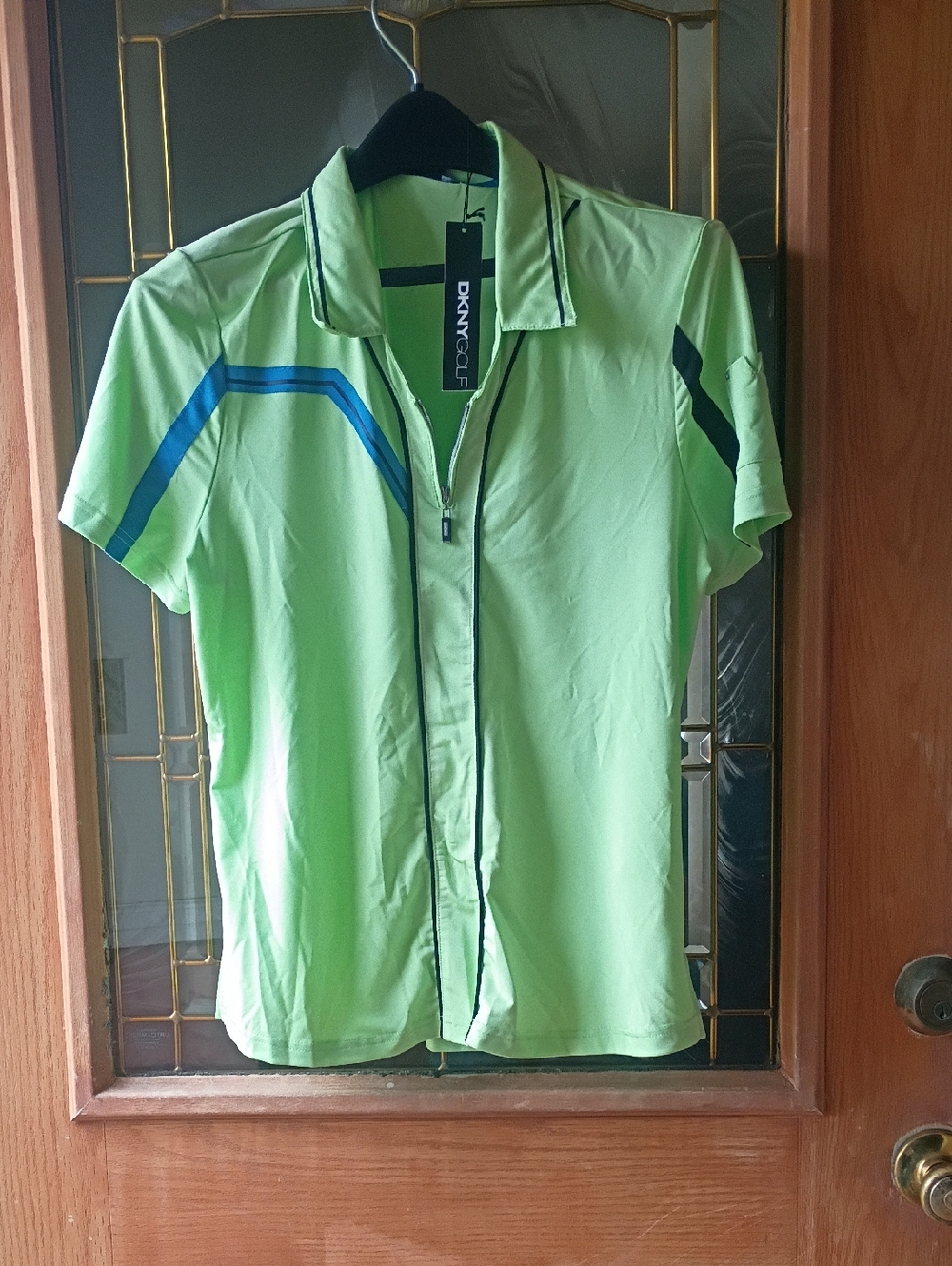 DKNY Golf Women’s Lime Green Short-Sleeve Zip Polo with Blue Accents
